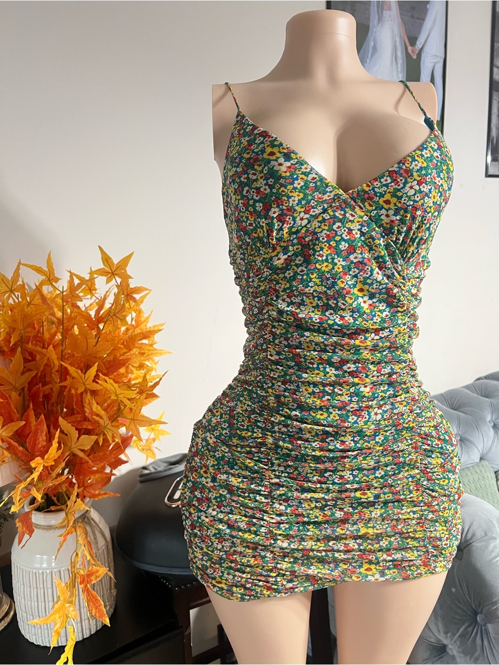 Urban Outfitters Green Floral Ruched Mini Dress